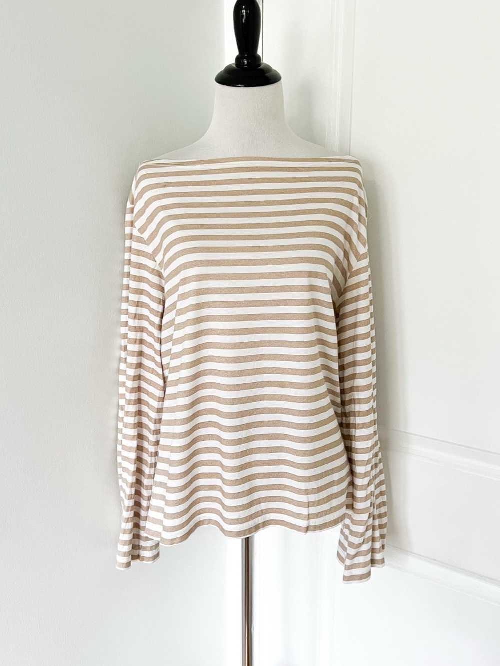 Weekday Striped Long Sleeve Tee in Tan & White Size Small